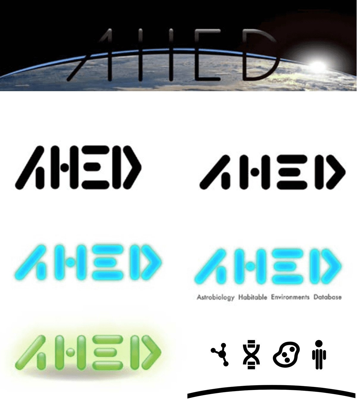 'Samples of scketches and drafts of the Astrobiology Habitable Environments Database wordmark'