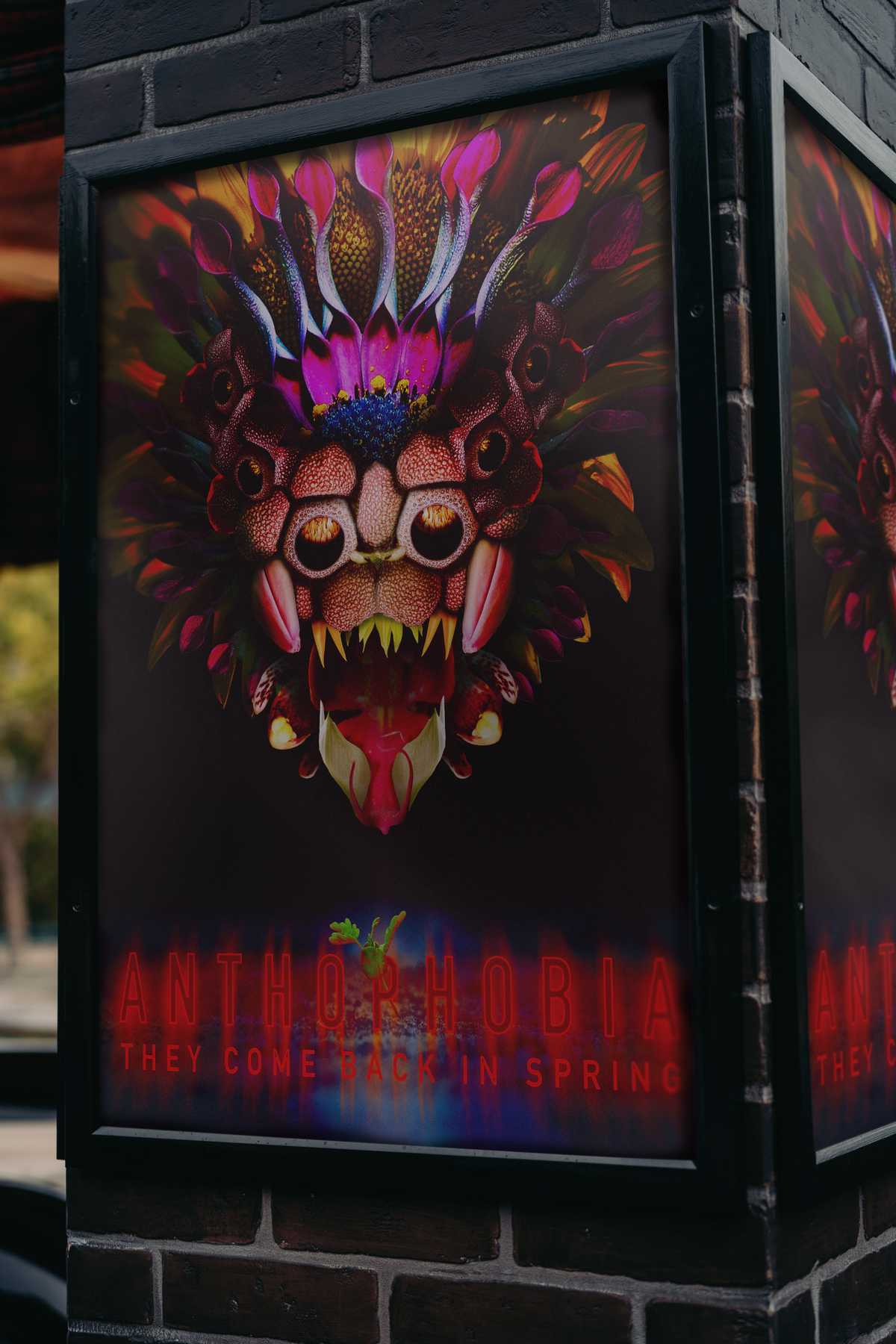 A mockup of the anthophobia poster as it would look framed and hung onto a wall