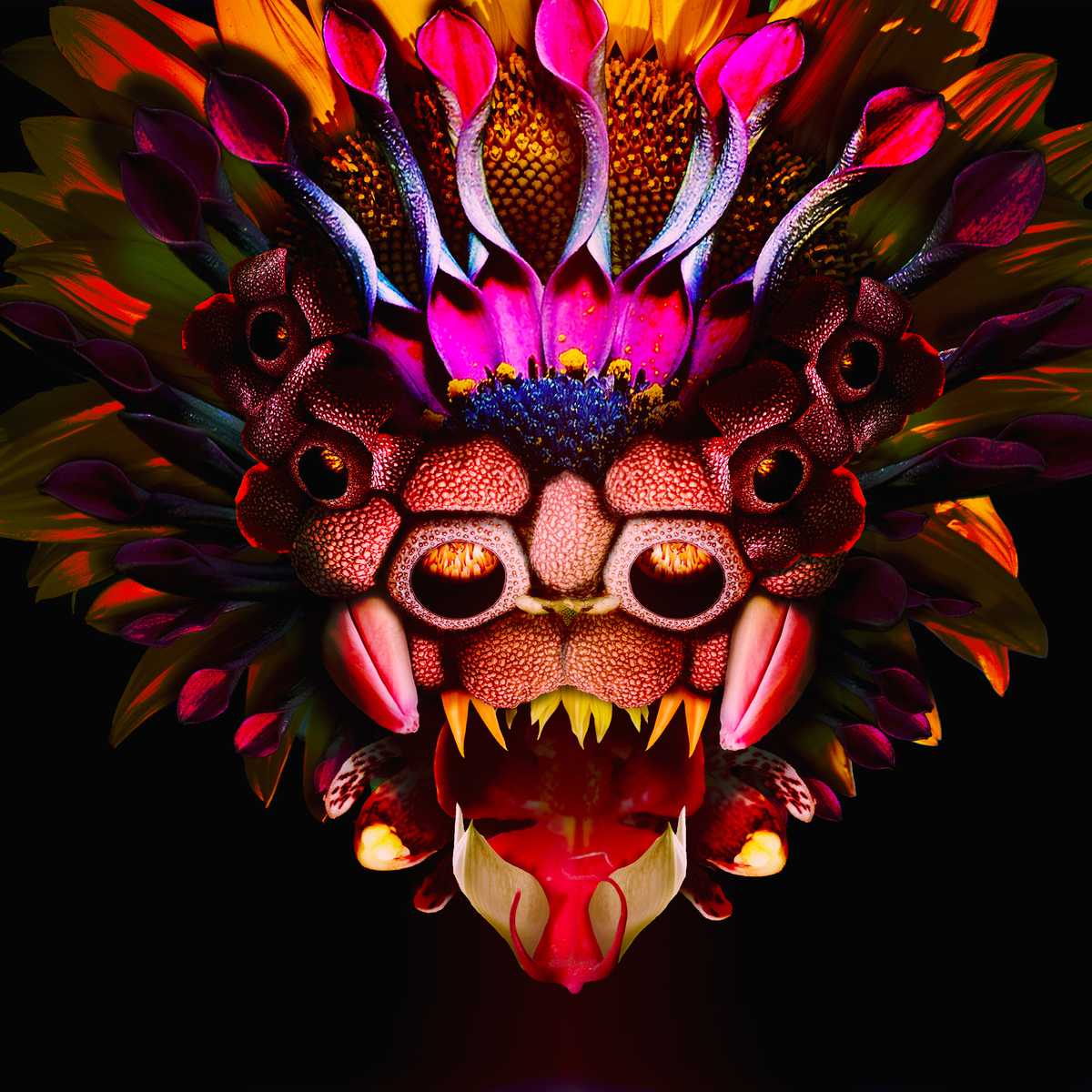 Photorealistic rendering of a floral monster head