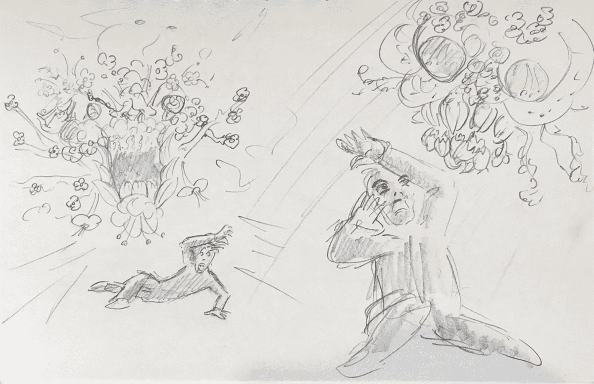 Hand drawn sketches of floral monsters