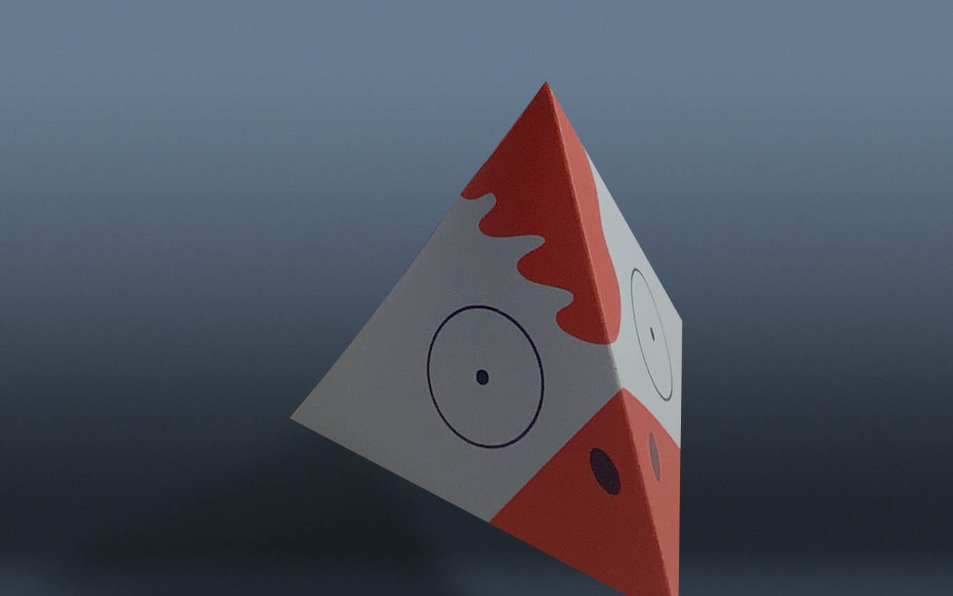 A floating tetrahedron decorated to look like a hen head